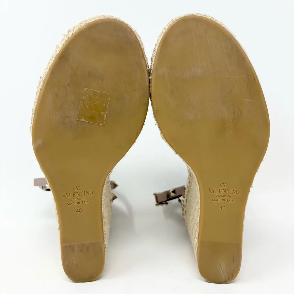 Valentino Garavani Double Rockstud Wedge Sandal 10 Poudre Espadrille Size 40 10
